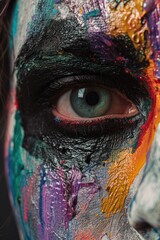 Poster - A close-up view of a person's face with colorful paint applied. This image can be used for various creative projects and artistic concepts