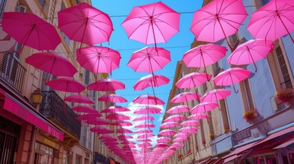 Poster - Many pink umbrellas hanging from the ceiling of a street. Perfect for adding a vibrant and colorful touch to any urban scene