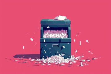Poster - A pile of shredded paper sitting on top of a filing cabinet. Can be used to depict a messy office environment or the need for document disposal