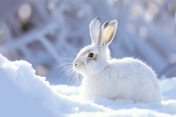 Poster - A white rabbit sitting in the snow. Perfect for winter-themed designs and animal lovers