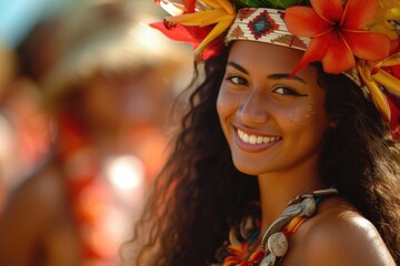 Poster - A woman wearing a flower headdress smiles at the camera. This picture can be used for various purposes, such as advertisements, blog posts, or social media content