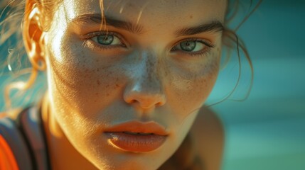 Poster - Close up shot of a woman with freckles on her face. Can be used to portray natural beauty or as a representation of diversity