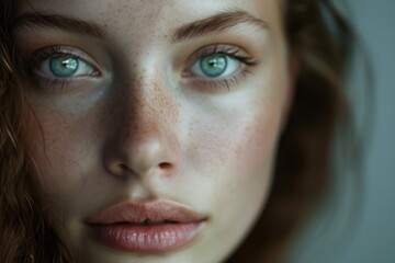 Poster - A close-up view of a woman with beautiful freckles on her face. This image can be used to showcase natural beauty or for skincare and beauty-related content