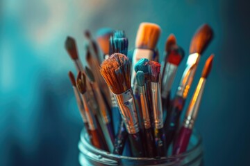 Poster - A jar filled with an assortment of paint brushes. Ideal for artists, designers, and DIY enthusiasts.
