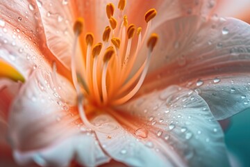 Poster - A close up of a flower with water droplets. This image can be used to showcase the beauty of nature and the intricate details of flowers