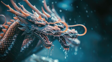 Aufkleber - A detailed view of a dragon statue in the rain. Perfect for adding a touch of mystery and fantasy to any project