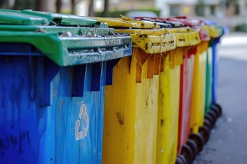 Poster - Colorful trash bins lined up along the side of a road. Ideal for illustrating waste management or recycling concepts
