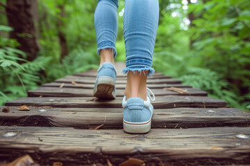 Closeup legs of a woman wearing blue jeans and sneakers, step further on the wood bridge in the green forest environment, go green, moving forward, outdoor exercise