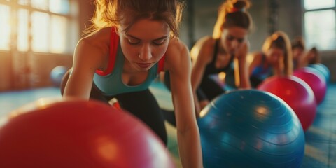 Poster - Women in a group are doing push ups on exercise balls. This image can be used to illustrate fitness, group exercise, strength training, or women's health
