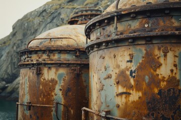 Poster - Rusty barrels sitting next to a body of water. Perfect for industrial, environmental, or recycling concepts