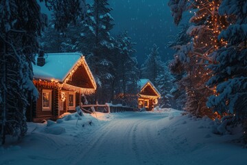 Poster - Two houses covered in snow during winter. Can be used for winter-themed designs or real estate promotions