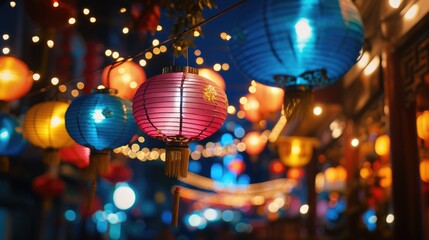 Poster - Colorful paper lanterns filling up a vibrant street. Perfect for festive decorations or cultural celebrations