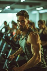 Poster - A man is seen on a stationary bike in a gym. This image can be used to depict fitness, exercise, and a healthy lifestyle