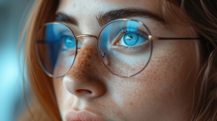 Poster - A close-up view of a woman wearing glasses. This image can be used to represent intelligence, professionalism, or the concept of vision