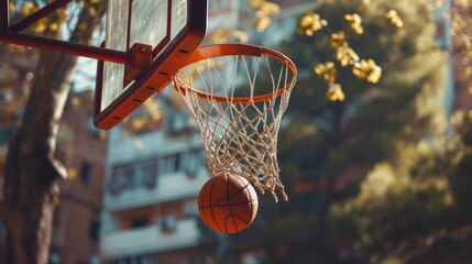 Poster - A basketball successfully goes through the net of a basketball hoop. Ideal for sports-related designs and concepts