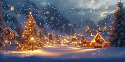 Canvas Print - A picturesque snowy night scene with a beautifully decorated Christmas tree in the foreground. Perfect for holiday-themed designs and festive decorations