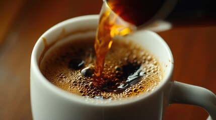 Poster - A visually appealing image capturing the process of pouring coffee into a cup. Suitable for a variety of uses