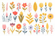 Cute set of abstract isolated fall flowers, cartoon children Scandinavian style, seamless pattern