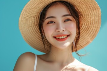 Aufkleber - A woman wearing a straw hat smiles at the camera. This image can be used for various purposes