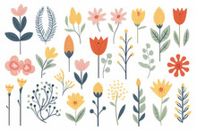 Scandinavian Folk Style Summer Flowers Set, Seamless Pattern, Fairy Flowers Illustration