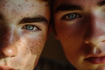 Poster - Two individuals with freckles on their faces. Suitable for various uses