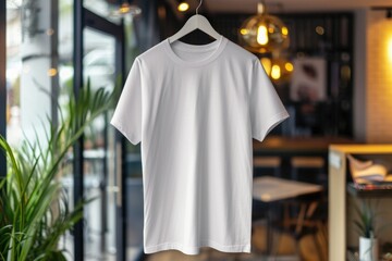 Aufkleber - A white t-shirt hanging on a hanger in a restaurant. Perfect for fashion, clothing, or restaurant-themed designs