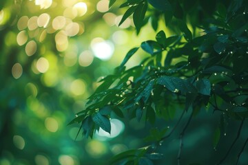 Poster - A close-up view of a tree with water droplets on its leaves. This image captures the beauty of nature after a rain shower.