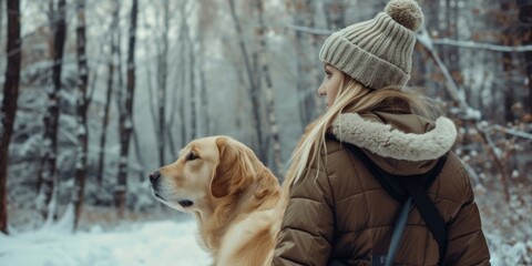 Wall Mural - A woman and her dog standing together in a snowy landscape. Perfect for winter-themed projects and pet-related content