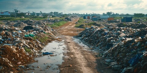 Poster - A picture of a dirt road covered in a lot of trash. This image can be used to depict environmental pollution or the consequences of improper waste disposal