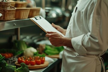 Poster - A chef holding a clipboard in a kitchen. This image can be used to represent a chef's organization, menu planning, or recipe management