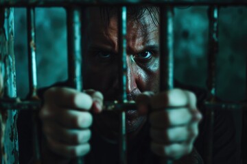 Poster - A man locked in a jail cell, staring directly at the camera. Suitable for crime, incarceration, or justice-related themes