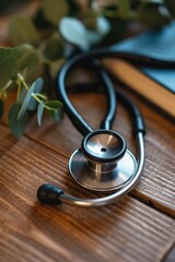 Poster - A stethoscope resting on a wooden table. Ideal for medical and healthcare concepts