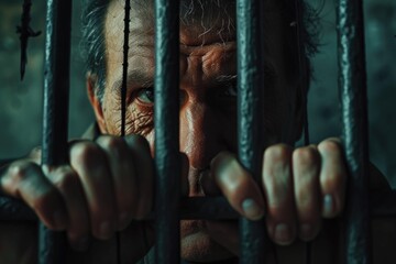 Poster - A close-up view of a person behind bars. This image can be used to depict imprisonment, incarceration, or the justice system