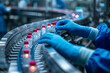 Ensuring pharmaceutical quality: a gloved hand meticulously inspects medical vials on a conveyor belt, highlighting stringent quality control.