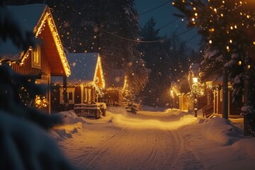 Poster - A snowy street with lights illuminating the scene. Perfect for winter-themed designs and holiday projects