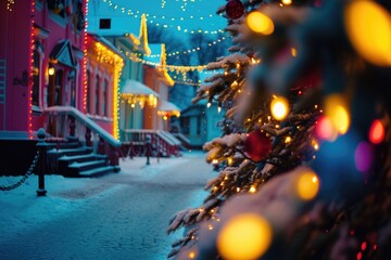 Sticker - A picture of a snowy street illuminated by Christmas lights. Perfect for holiday-themed designs and winter promotions