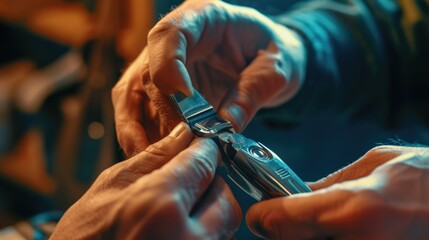 Poster - A close-up view of a person holding a pair of scissors. This image can be used for various purposes