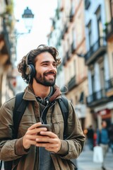 Poster - A man wearing headphones is looking at his phone. This image can be used to depict technology, communication, or music