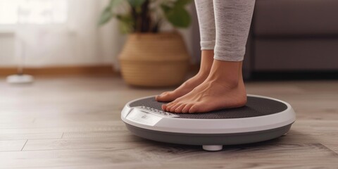 Aufkleber - A woman is standing on a scale in a living room. This image can be used to depict concepts related to weight loss, health and fitness, body image, and self-care