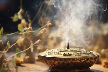 Aufkleber - A wooden table with an incense burner placed on top. This image can be used to depict relaxation, meditation, or aromatherapy