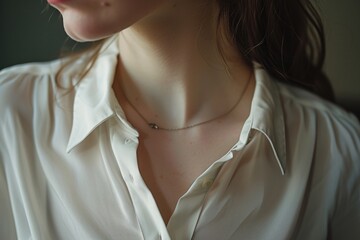 Aufkleber - A close-up view of a woman wearing a white shirt. Versatile image suitable for a variety of uses