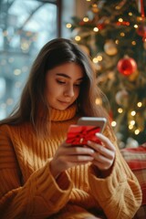 Aufkleber - Woman sitting in front of a beautifully decorated Christmas tree, engrossed in her cell phone. Perfect for holiday-themed designs and social media campaigns