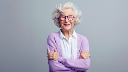 Poster - An older woman wearing glasses and a purple cardigan. Suitable for various purposes