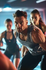 Poster - A group of people are engaged in a gym workout, specifically doing push ups. This image can be used to showcase teamwork, fitness training, or group exercise activities