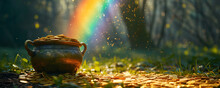 Gold Pot Full Of Coins And Rainbow On Dark Magic Forest. Fantasy Fairy Tail Background. St. Patrick's Day Holiday Symbol. Template For Design Card, Invitation, Banner