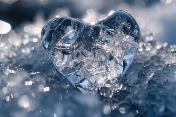 Poster - A heart-shaped piece of ice resting on a snowy surface. This image can be used to represent love, winter, or cold weather