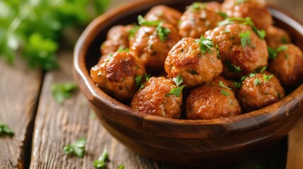 Poster - A wooden bowl filled with meatballs covered in sauce. Perfect for food blogs and recipe websites