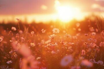 Poster - A beautiful sunset over a field of vibrant flowers. Perfect for nature lovers and those seeking a peaceful, scenic backdrop