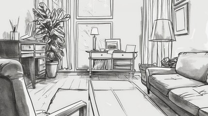 Poster - A drawing of a living room with a couch. Suitable for interior design concepts