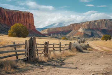 Aufkleber - A scenic view of a dirt road with a wooden fence running alongside it, with majestic mountains in the background. Suitable for outdoor and nature-themed projects